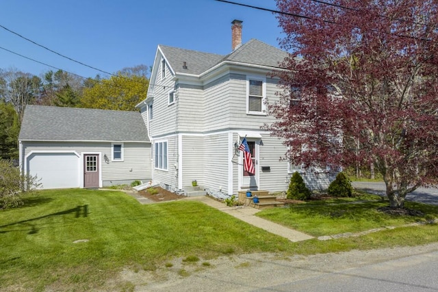 14 Williams St, Boothbay Harbor, ME 04538 - view of front facade with a chimney, a front lawn, and a shingled roof