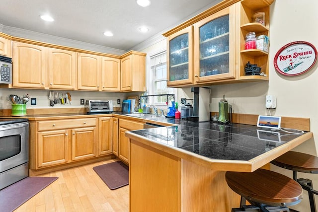 333 N St Unit 5, Saco, ME 04072 - kitchen with stainless steel appliances, a kitchen breakfast bar, a peninsula, a sink, and glass insert cabinets