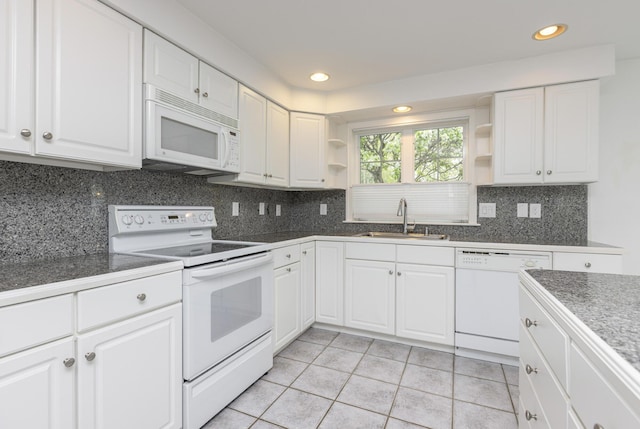 5 Honeysuckle Ln, Scarborough, ME 04074 - kitchen with white appliances, open shelves, a sink, white cabinets, and recessed lighting