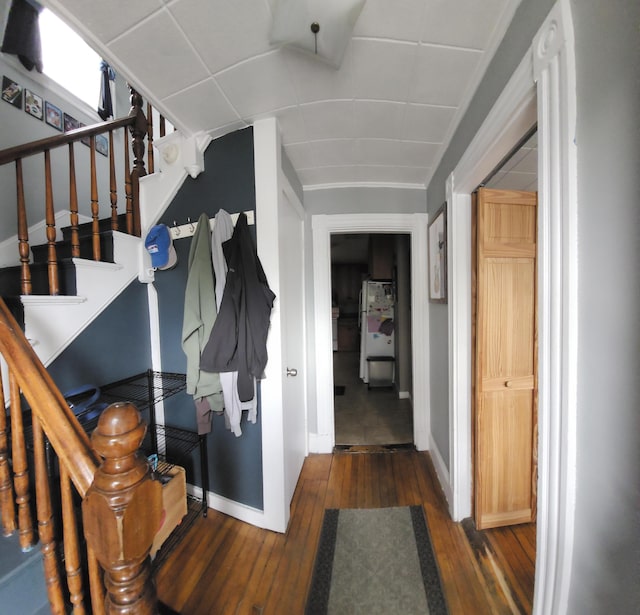 295 Grove St, Bangor, ME 04401 - hallway featuring hardwood / wood-style flooring, baseboards, and stairway