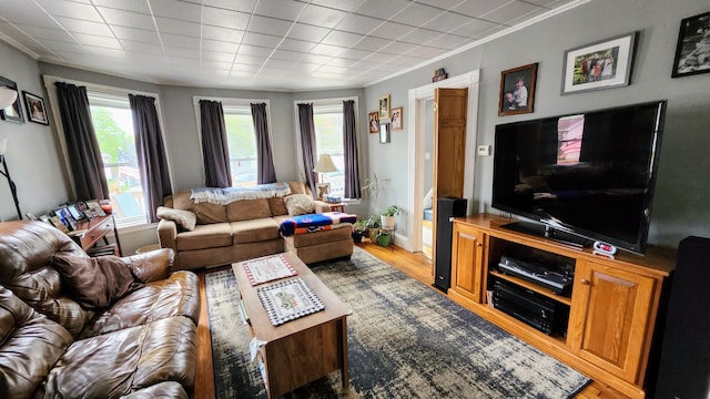 295 Grove St, Bangor, ME 04401 - living area featuring light wood-style flooring, healthy amount of natural light, ornamental molding, and baseboards