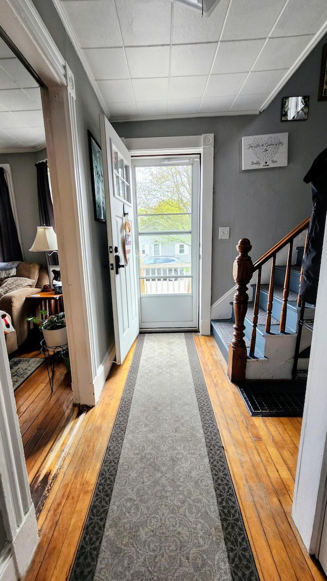 295 Grove St, Bangor, ME 04401 - foyer featuring a paneled ceiling, hardwood / wood-style floors, baseboards, stairs, and ornamental molding