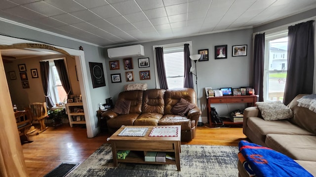 295 Grove St, Bangor, ME 04401 - living area with a wall mounted air conditioner, wood finished floors, healthy amount of natural light, and crown molding