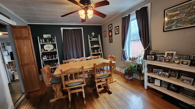 295 Grove St, Bangor, ME 04401 - dining room featuring a ceiling fan, wood-type flooring, and ornamental molding