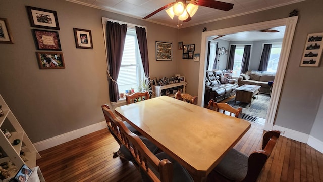 295 Grove St, Bangor, ME 04401 - dining space featuring ceiling fan, hardwood / wood-style flooring, baseboards, plenty of natural light, and ornamental molding