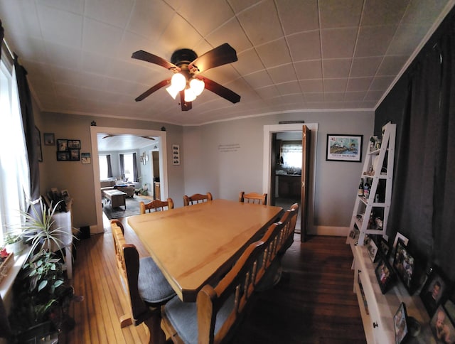 295 Grove St, Bangor, ME 04401 - dining space featuring crown molding, ceiling fan, and dark wood finished floors