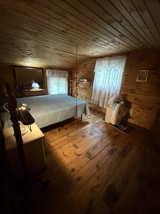 26-28 Acorn Rd, Naples, ME 04055 - bedroom with wood walls, hardwood / wood-style floors, and wood ceiling