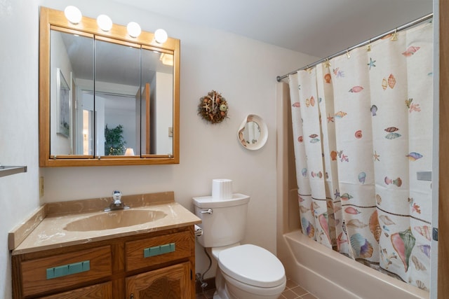 205 E Grand Ave Unit 7E, Old Orchard Beach, ME 04064 - bathroom with toilet, vanity, shower / tub combo with curtain, and tile patterned flooring