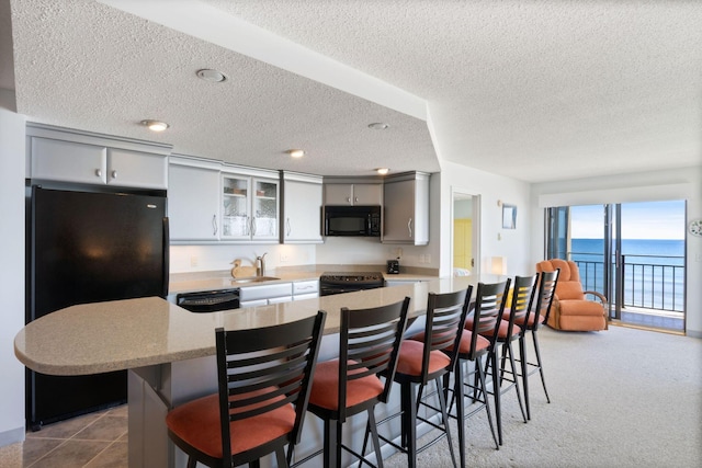 205 E Grand Ave Unit 7E, Old Orchard Beach, ME 04064 - kitchen featuring black appliances, a sink, a textured ceiling, a kitchen breakfast bar, and a water view