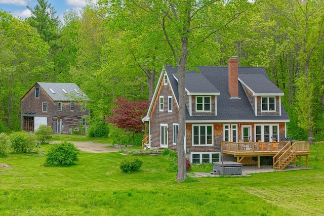 6 Bluebird Way, Kennebunk, ME 04043 - rear view of house featuring a deck, stairs, a chimney, and a yard