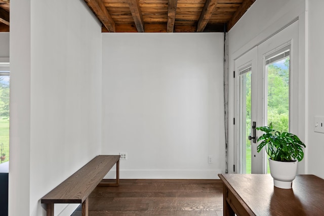 6 Bluebird Way, Kennebunk, ME 04043 - entryway featuring wood ceiling with exposed beams, wood finished floors, healthy amount of natural light, and baseboards