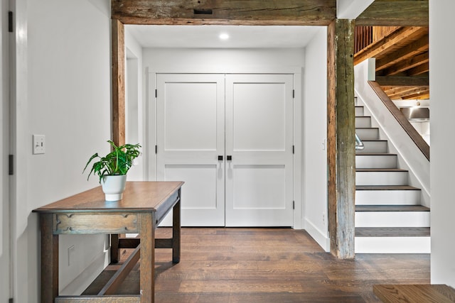 6 Bluebird Way, Kennebunk, ME 04043 - foyer entrance with dark wood finished floors and stairs