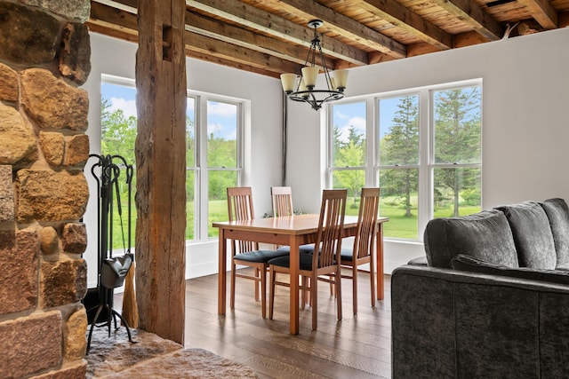 6 Bluebird Way, Kennebunk, ME 04043 - dining room with a chandelier, wooden ceiling with exposed beams, and wood-type flooring