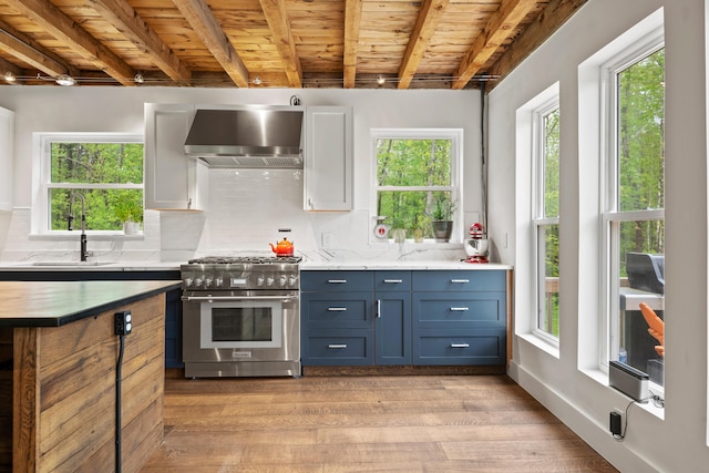 6 Bluebird Way, Kennebunk, ME 04043 - kitchen featuring high end stainless steel range, wall chimney range hood, a sink, wooden ceiling with exposed beams, and light wood-style floors