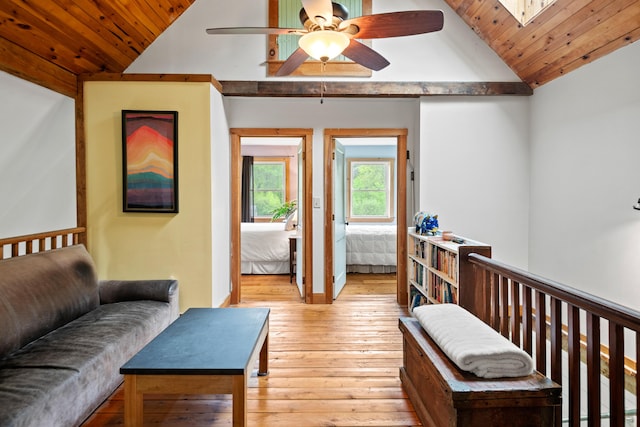 6 Bluebird Way, Kennebunk, ME 04043 - living room featuring light wood-type flooring, ceiling fan, wood ceiling, and high vaulted ceiling