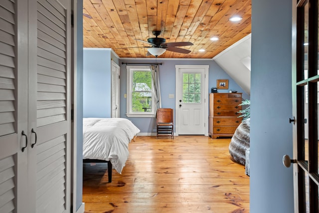 6 Bluebird Way, Kennebunk, ME 04043 - bedroom with light wood-style floors, wooden ceiling, recessed lighting, vaulted ceiling, and baseboards
