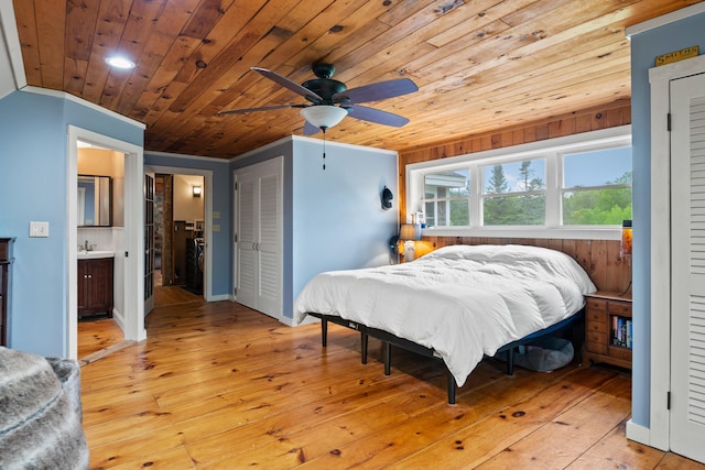 6 Bluebird Way, Kennebunk, ME 04043 - bedroom with wooden ceiling, light wood-type flooring, connected bathroom, and ceiling fan