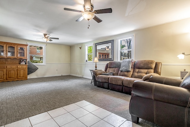 23 Paul St, South Berwick, ME 03908 - living room featuring light carpet, ceiling fan, and light tile patterned floors