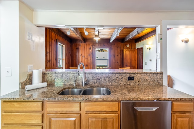 23 Paul St, South Berwick, ME 03908 - kitchen with a sink, wood ceiling with exposed beams, stone counters, and dishwasher