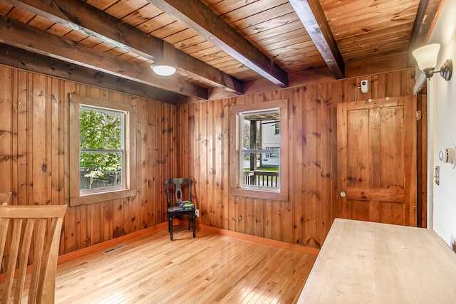23 Paul St, South Berwick, ME 03908 - unfurnished room featuring wood ceiling with exposed beams, hardwood / wood-style flooring, wooden walls, and baseboards