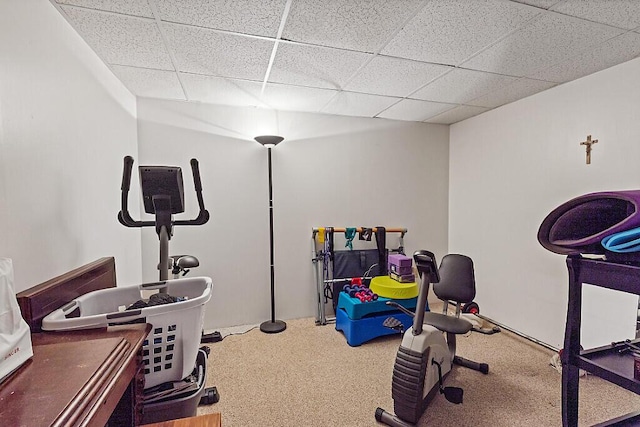 workout area with a paneled ceiling and carpet flooring