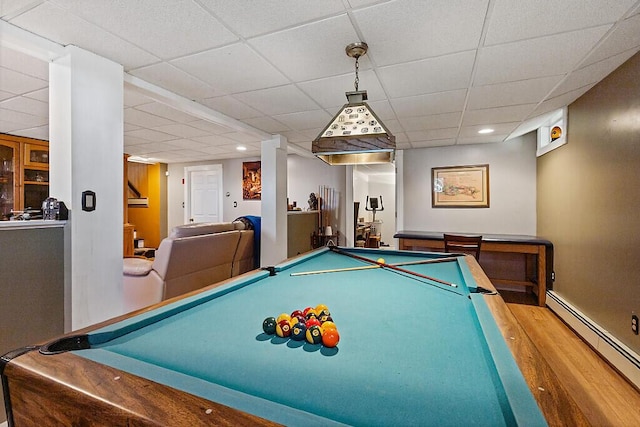 playroom featuring baseboard heating, billiards, wood finished floors, a paneled ceiling, and recessed lighting