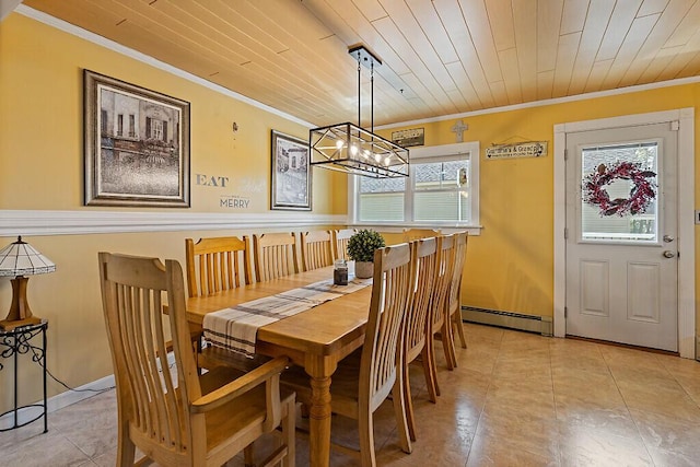 dining room with crown molding, a chandelier, a baseboard heating unit, light tile patterned floors, and wood ceiling