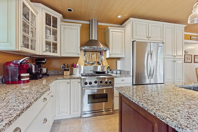 kitchen featuring appliances with stainless steel finishes, wall chimney exhaust hood, wooden ceiling, light stone countertops, and recessed lighting