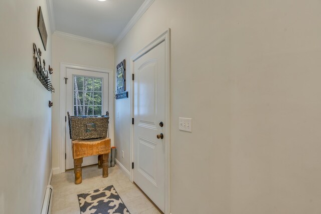 4 Brown Hill Ln, Scarborough, ME 04074 - doorway with crown molding, baseboards, a baseboard radiator, and light tile patterned floors