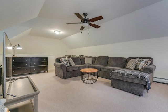 4 Brown Hill Ln, Scarborough, ME 04074 - living area with carpet flooring, vaulted ceiling, a ceiling fan, and a baseboard radiator