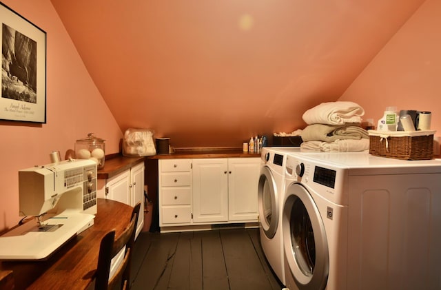 131 N St, Bath, ME 04530 - clothes washing area featuring cabinet space, washer and dryer, and dark wood-style flooring
