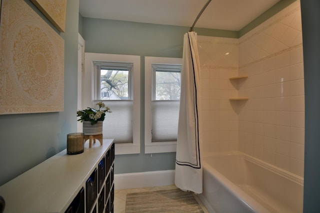 131 N St, Bath, ME 04530 - bathroom featuring tile patterned flooring, shower / tub combo with curtain, and baseboards