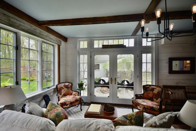 131 N St, Bath, ME 04530 - sunroom with french doors, a chandelier, and beamed ceiling