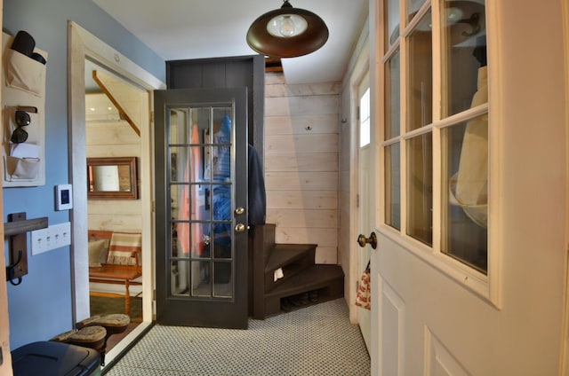 131 N St, Bath, ME 04530 - doorway to outside featuring carpet floors and wooden walls
