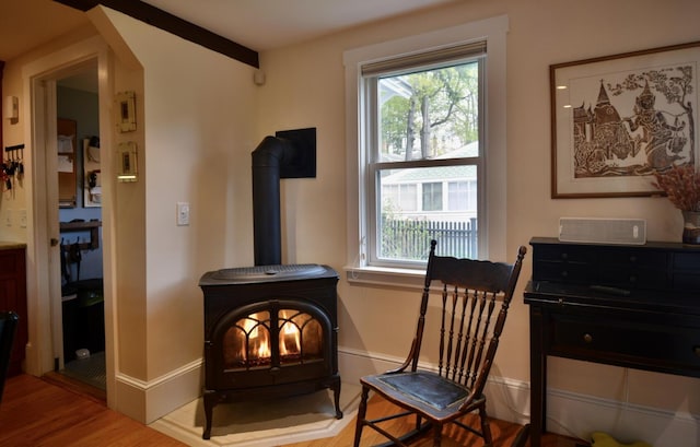 131 N St, Bath, ME 04530 - sitting room featuring a wood stove, plenty of natural light, baseboards, and wood finished floors