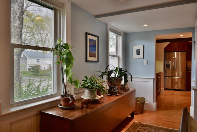 131 N St, Bath, ME 04530 - hall with light wood-type flooring, wainscoting, and recessed lighting