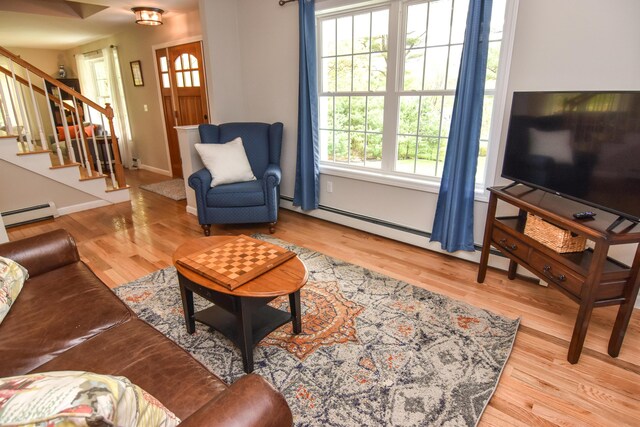 428 E Main St, Yarmouth, ME 04096 - living area featuring baseboard heating, stairs, and wood finished floors