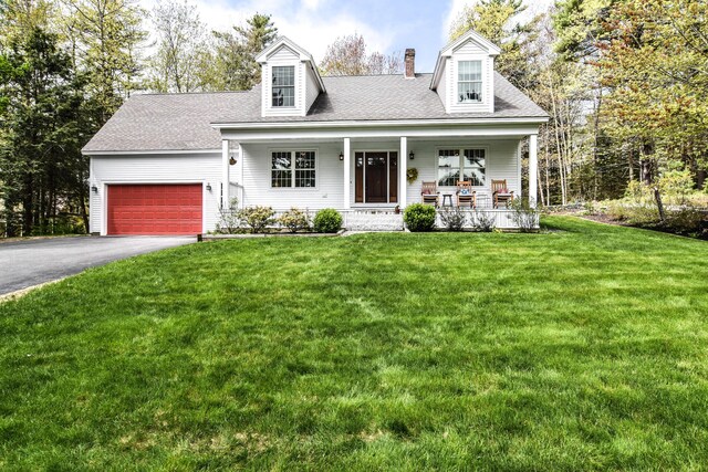 428 E Main St, Yarmouth, ME 04096 - cape cod house with driveway, a porch, a garage, a front lawn, and a chimney
