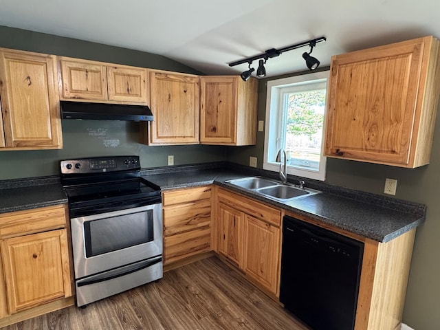 1575 Main St, Mapleton, ME 04757 - kitchen with stainless steel electric stove, black dishwasher, under cabinet range hood, a sink, and dark wood-type flooring