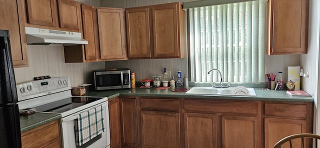 645 Kennebec St, Rumford, ME 04276 - kitchen with white range with electric stovetop, under cabinet range hood, stainless steel microwave, a sink, and brown cabinetry