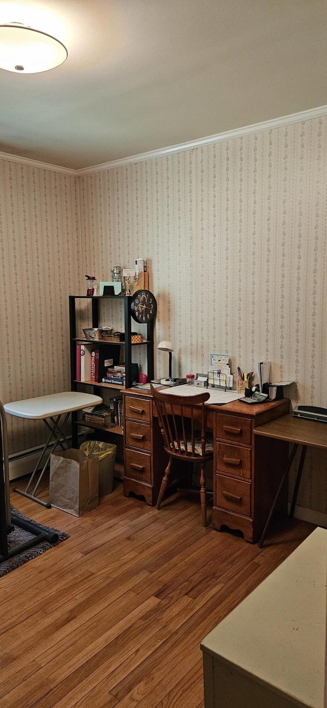 645 Kennebec St, Rumford, ME 04276 - office area featuring wood finished floors, crown molding, and wallpapered walls