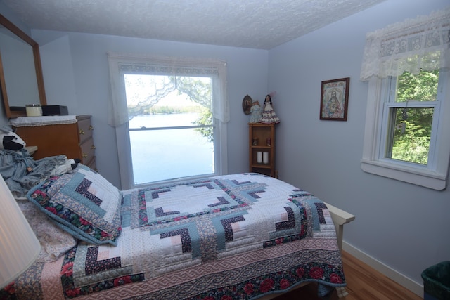 bedroom with wood finished floors, multiple windows, baseboards, and a textured ceiling