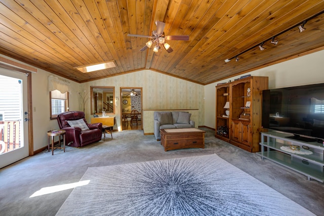 9 Ridge Rd, Westbrook, ME 04092 - living room with rail lighting, a ceiling fan, carpet, wooden ceiling, and vaulted ceiling
