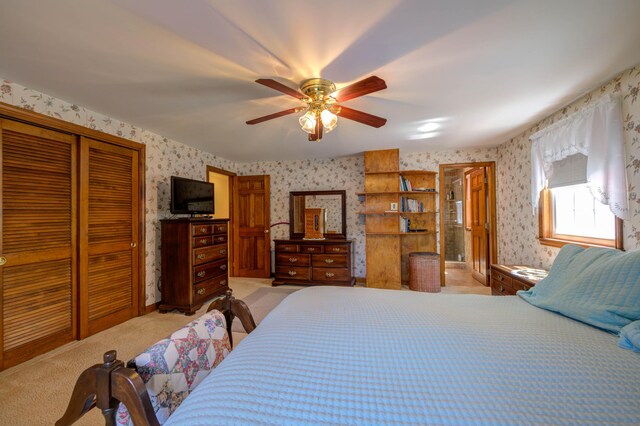 9 Ridge Rd, Westbrook, ME 04092 - bedroom featuring wallpapered walls, a closet, light carpet, and ceiling fan