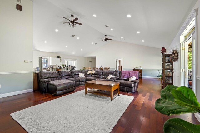 29 Gabriels Way, Turner, ME 04282 - living area featuring ceiling fan, high vaulted ceiling, plenty of natural light, baseboards, and dark wood-style flooring