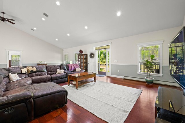 29 Gabriels Way, Turner, ME 04282 - living area featuring plenty of natural light, wood finished floors, high vaulted ceiling, ceiling fan, and recessed lighting