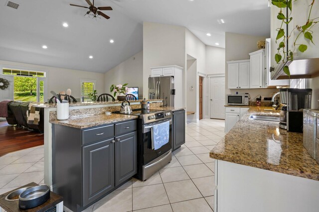 29 Gabriels Way, Turner, ME 04282 - kitchen featuring appliances with stainless steel finishes, a sink, white cabinetry, high vaulted ceiling, and ceiling fan
