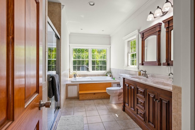 29 Gabriels Way, Turner, ME 04282 - bathroom with double vanity, tile patterned flooring, a garden tub, toilet, and ornamental molding