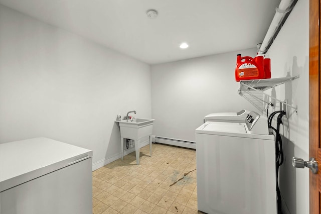 29 Gabriels Way, Turner, ME 04282 - washroom with washing machine and dryer, a baseboard heating unit, light flooring, recessed lighting, and baseboards
