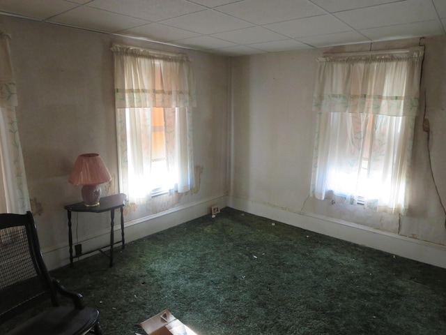 unfurnished room with carpet floors, baseboards, and a paneled ceiling